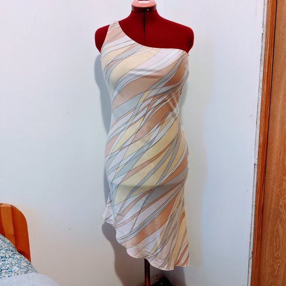 🚨Bebe Silk Pink Yellow Pastel Asymmetrical Dress M L - Picture 4 of 11